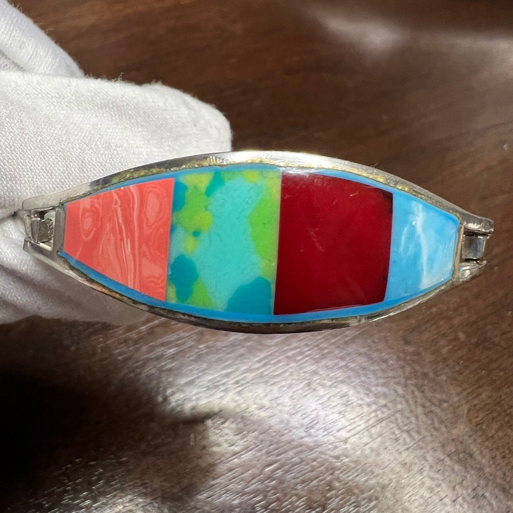 Vintage Alpaca Mexico Bangle Bracelet Multi Color Enamel Silver Tone 7.2 in - Picture 15 of 15